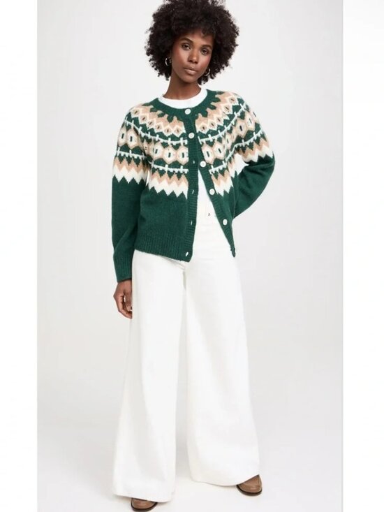 Favorite Daughter Sweaters - Favorite Daughter "The Snowed In Cardigan" in Green Fair Isle, Size Medium